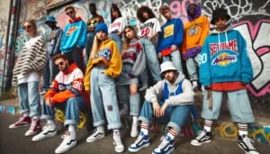 Vintage 80s 90s sportswear streetwear clothing collection on display showing iconic retro fashion pieces
