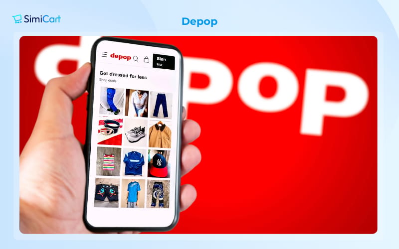 Depop vintage clothing app interface showing peer-to-peer streetwear marketplace listings