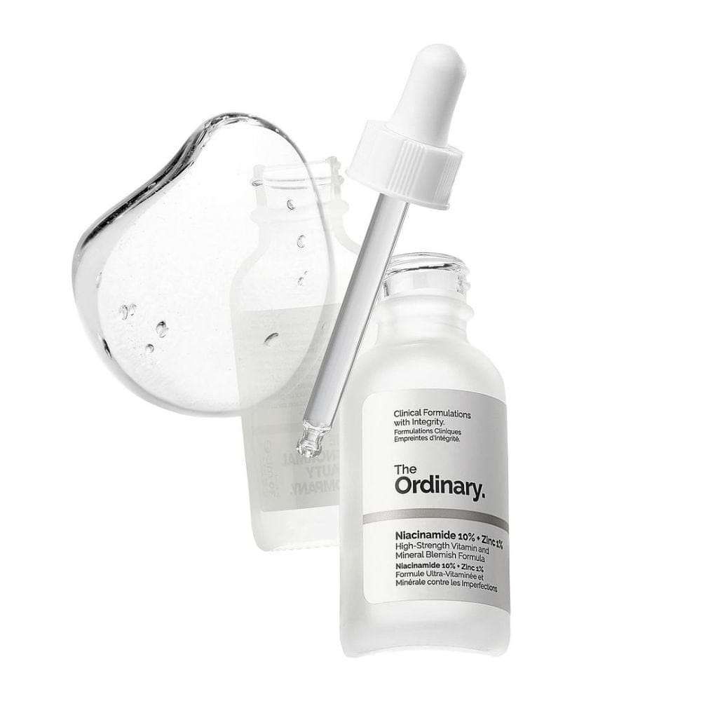 The Ordinary Niacinamide 10% Zinc 1% serum bottle with transparent ingredient labeling