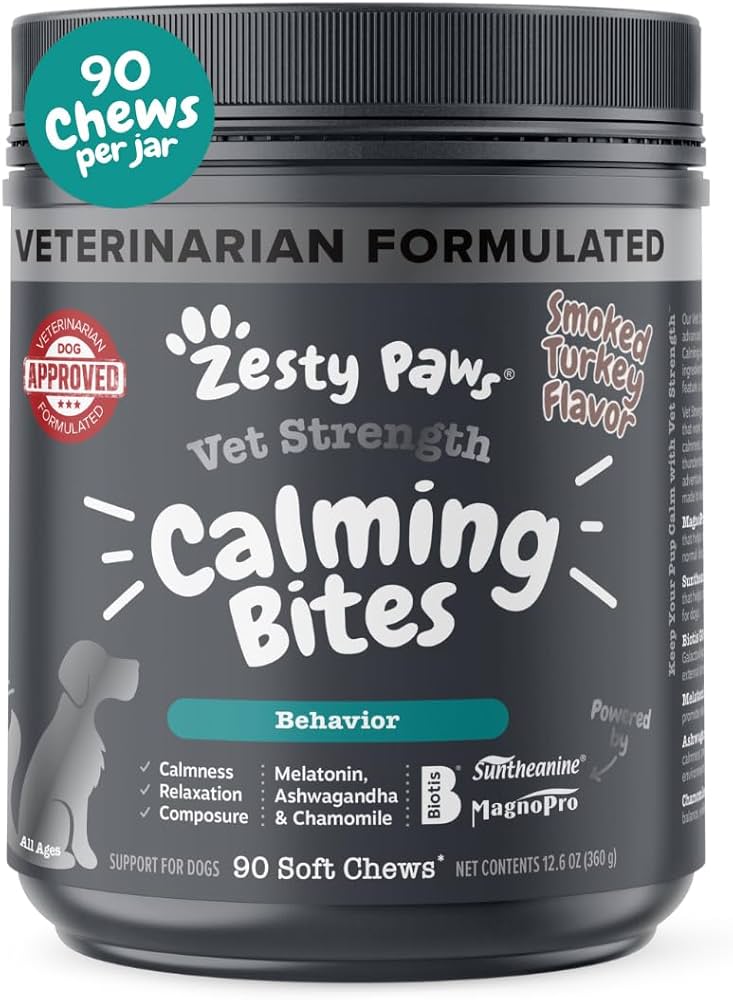 Zesty Paws Vet Strength Calming Chews turkey flavor bottle for dogs
