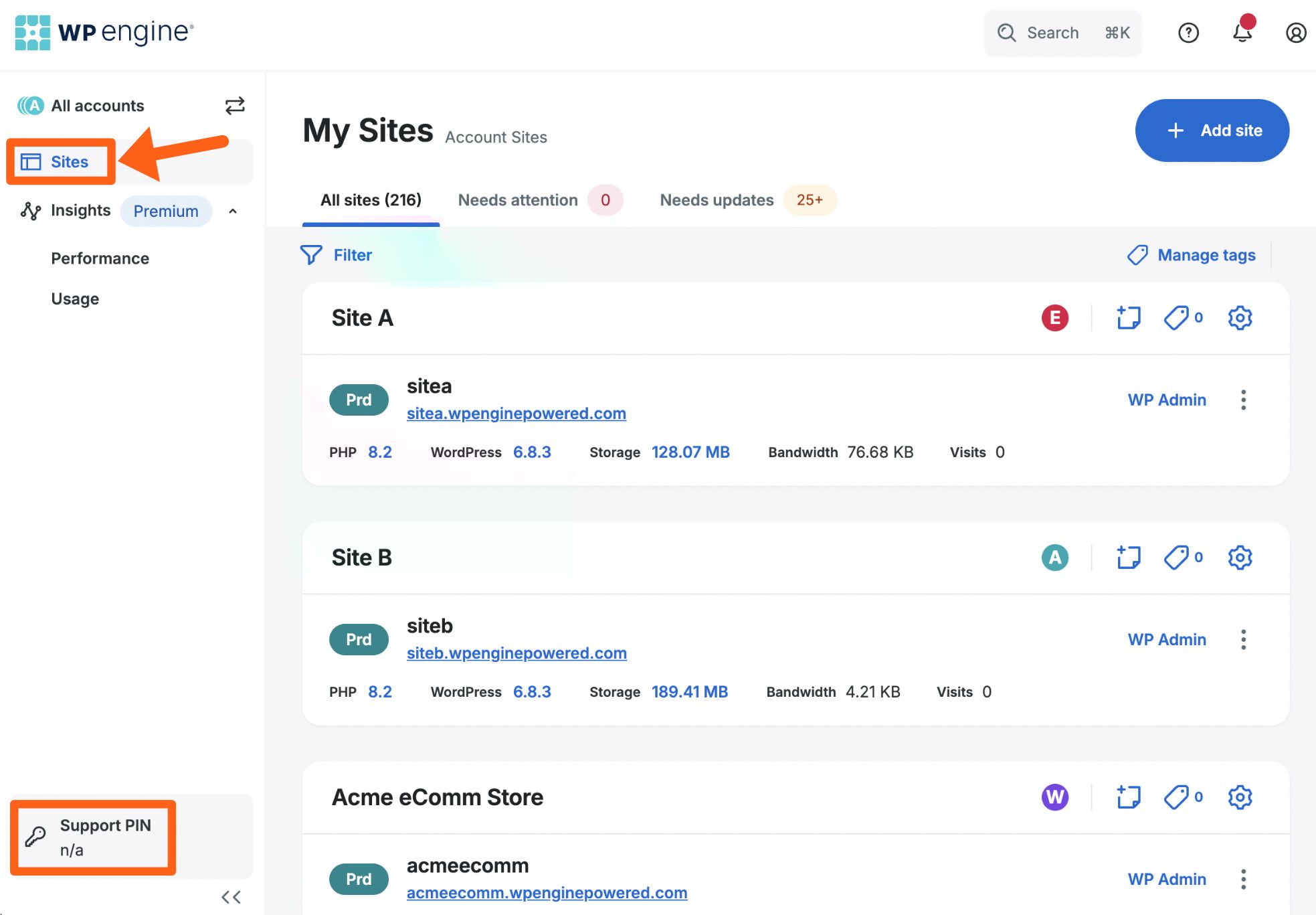 WPEngine user portal dashboard showing site management interface and account overview