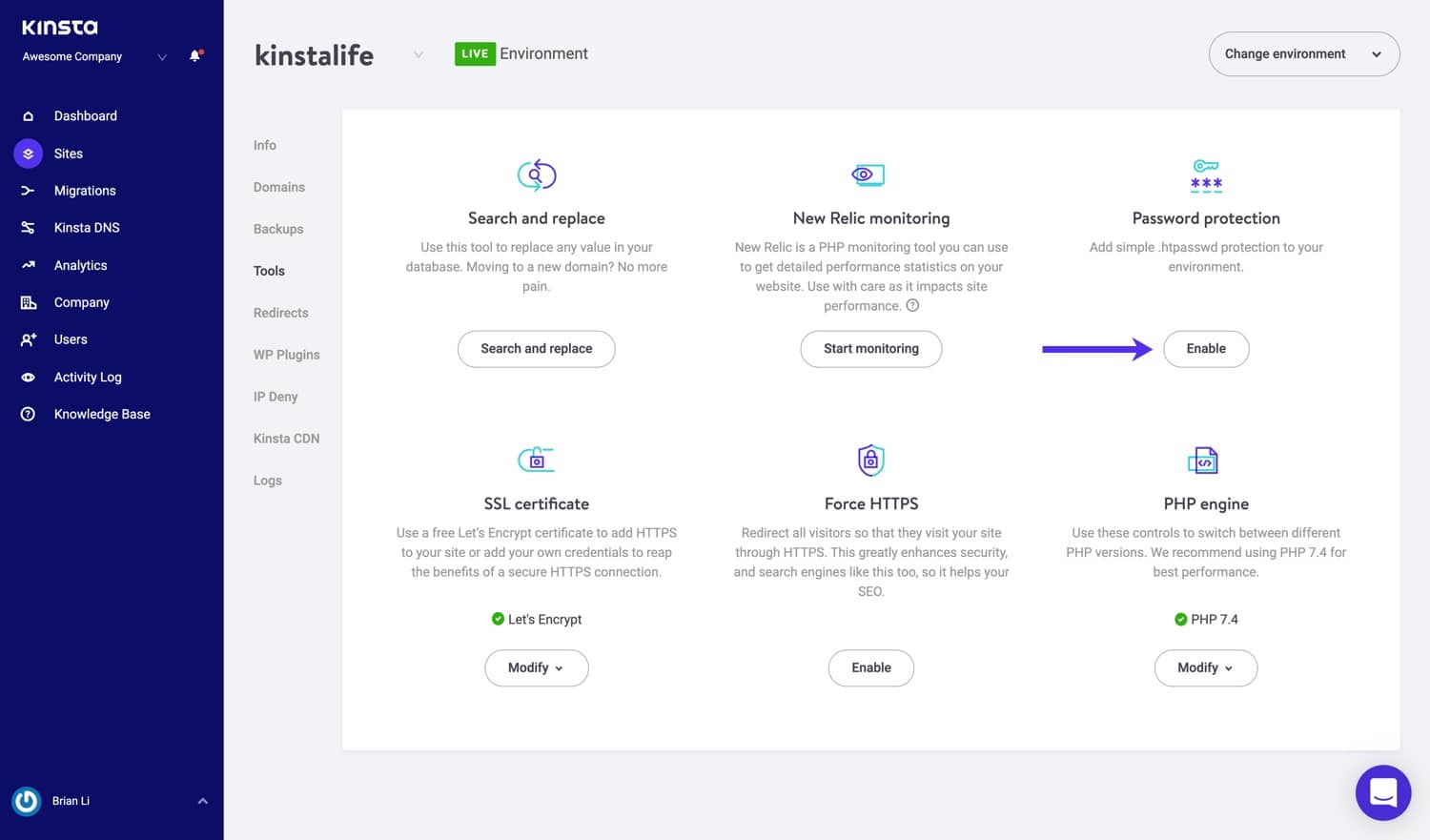 MyKinsta dashboard interface showing multiple WordPress site management with analytics panels