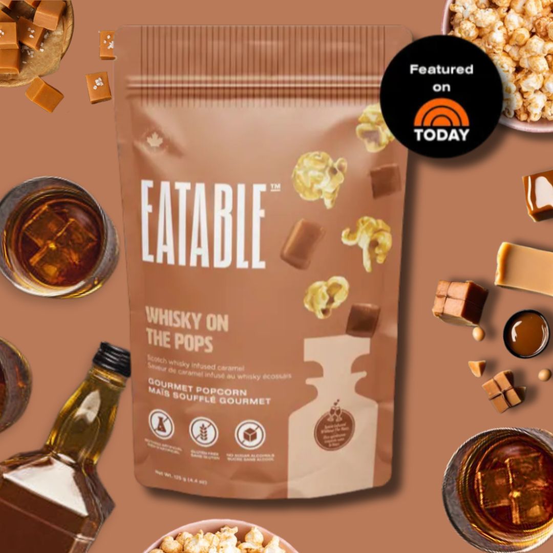 Eatable Whisky on the Pops gourmet caramel popcorn bag with elegant dark branding for premium gifting