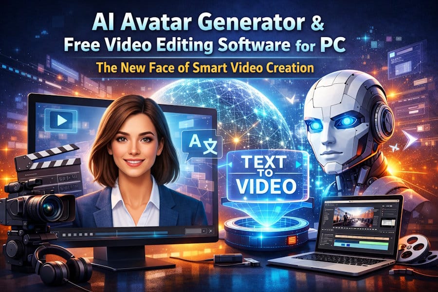 AI avatar video generator platform interface showing talking digital presenter on laptop screen