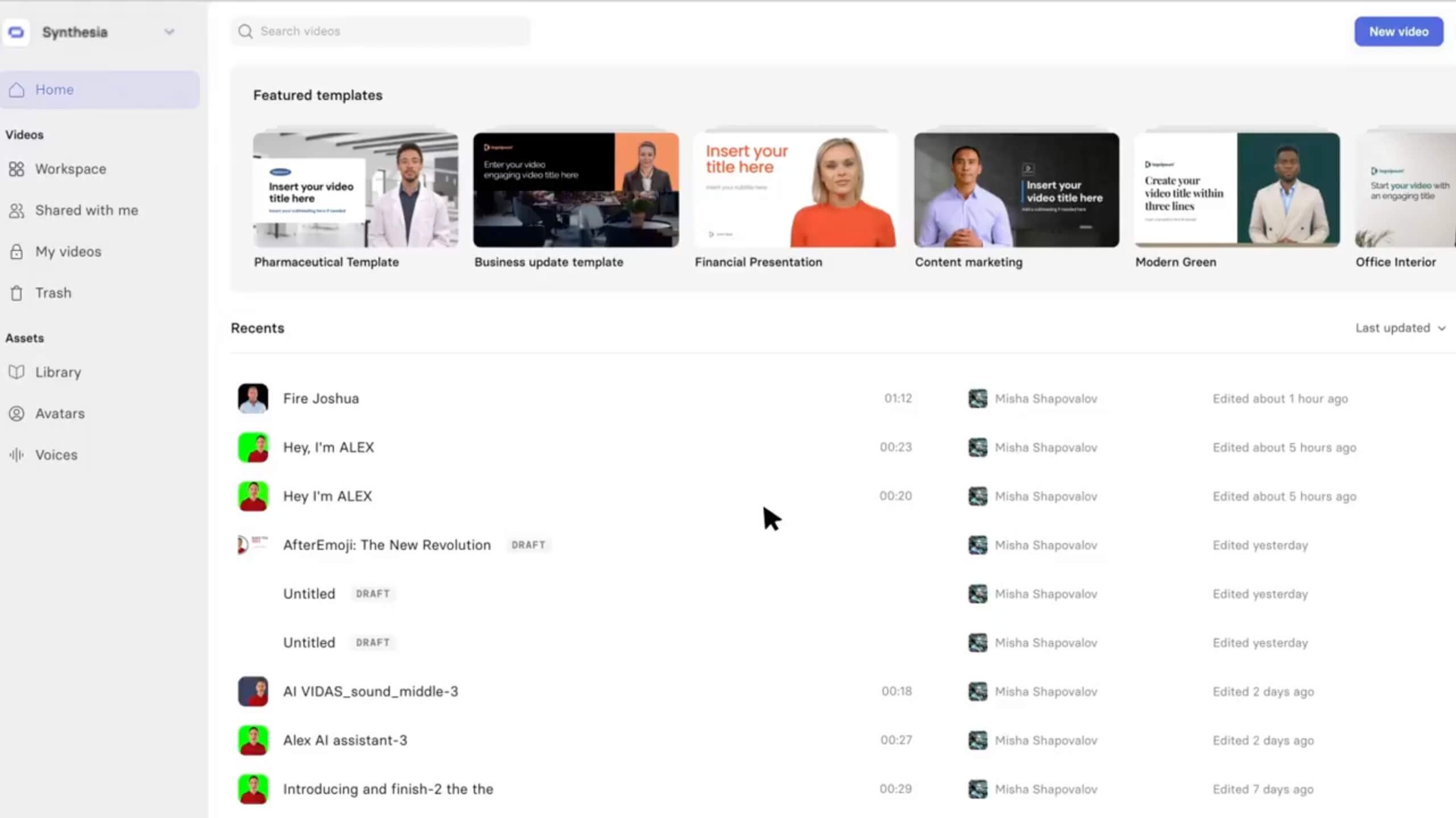 Synthesia AI video platform onboarding interface showing avatar workspace for enterprise teams