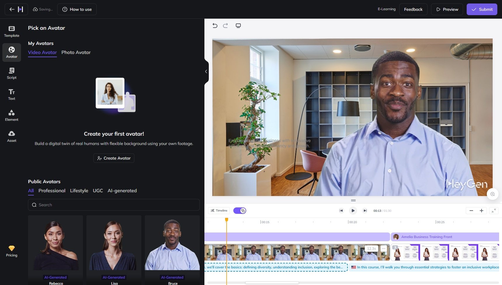 HeyGen AI video generator dashboard showing avatar templates and studio quality video creation interface