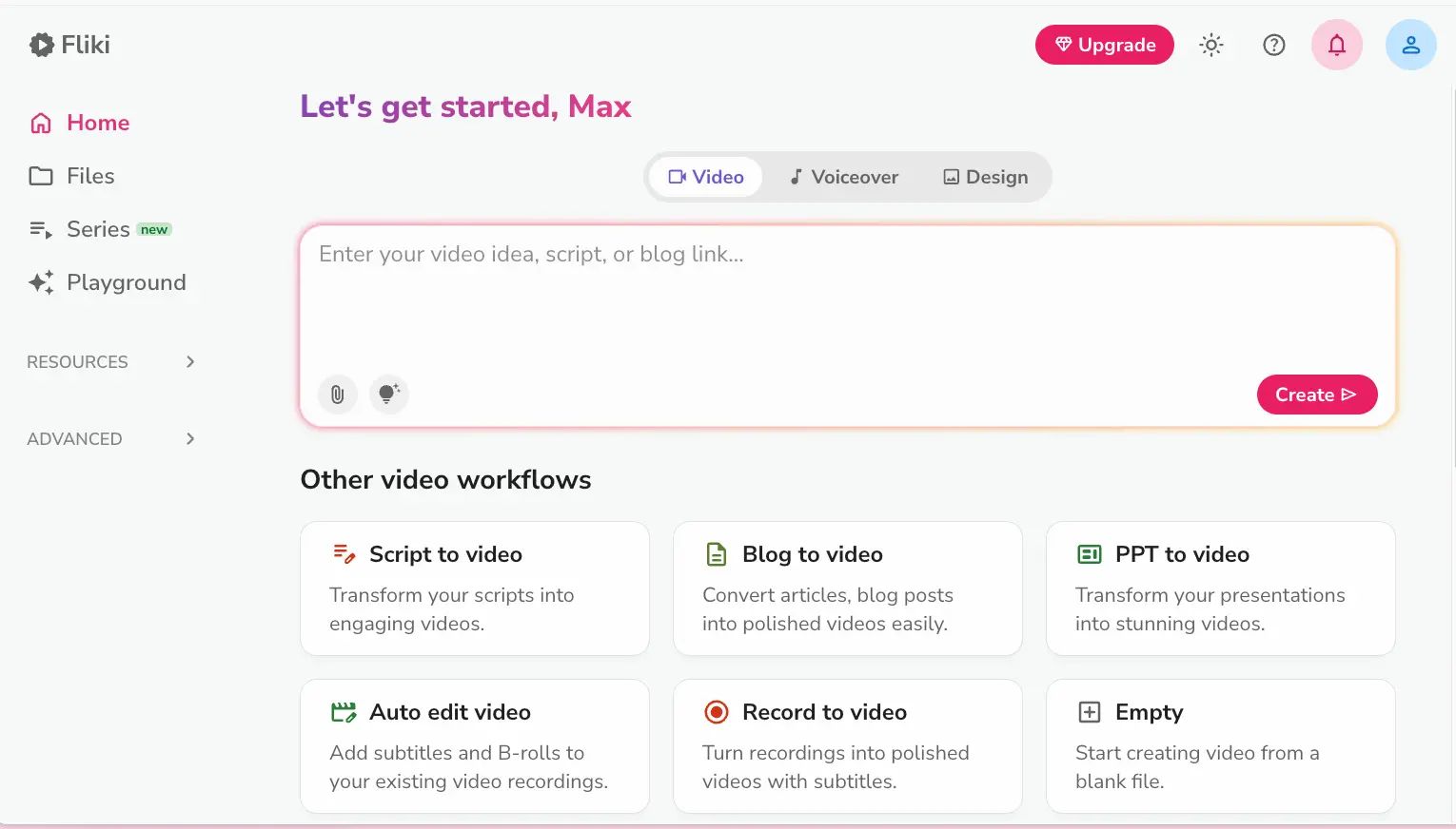 Fliki AI text-to-video generator dashboard interface showing project workspace and scene editor