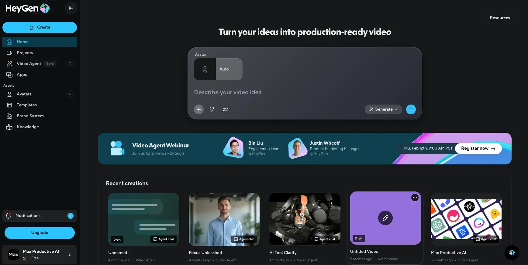 HeyGen AI video generator dashboard showing avatar creation and credit-based pricing interface
