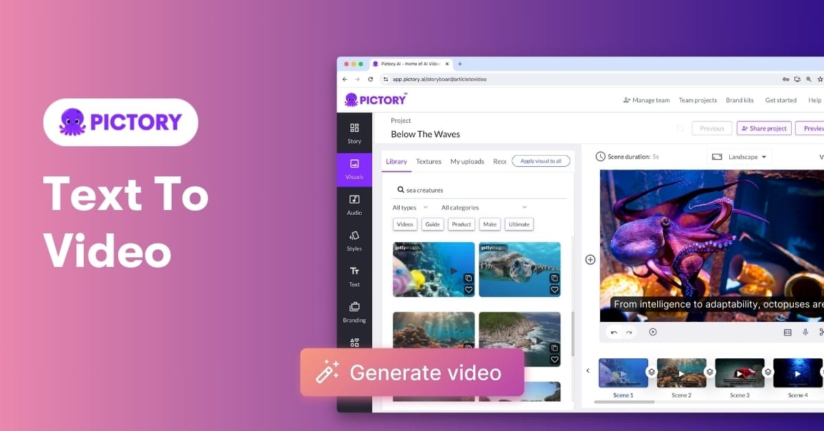 Pictory AI text to video editor interface showing blog post repurposing into social video