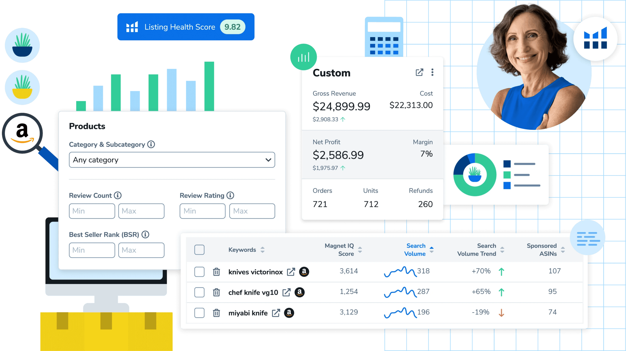 Helium 10 Amazon seller tools suite showing keyword research and PPC Adtomic management features