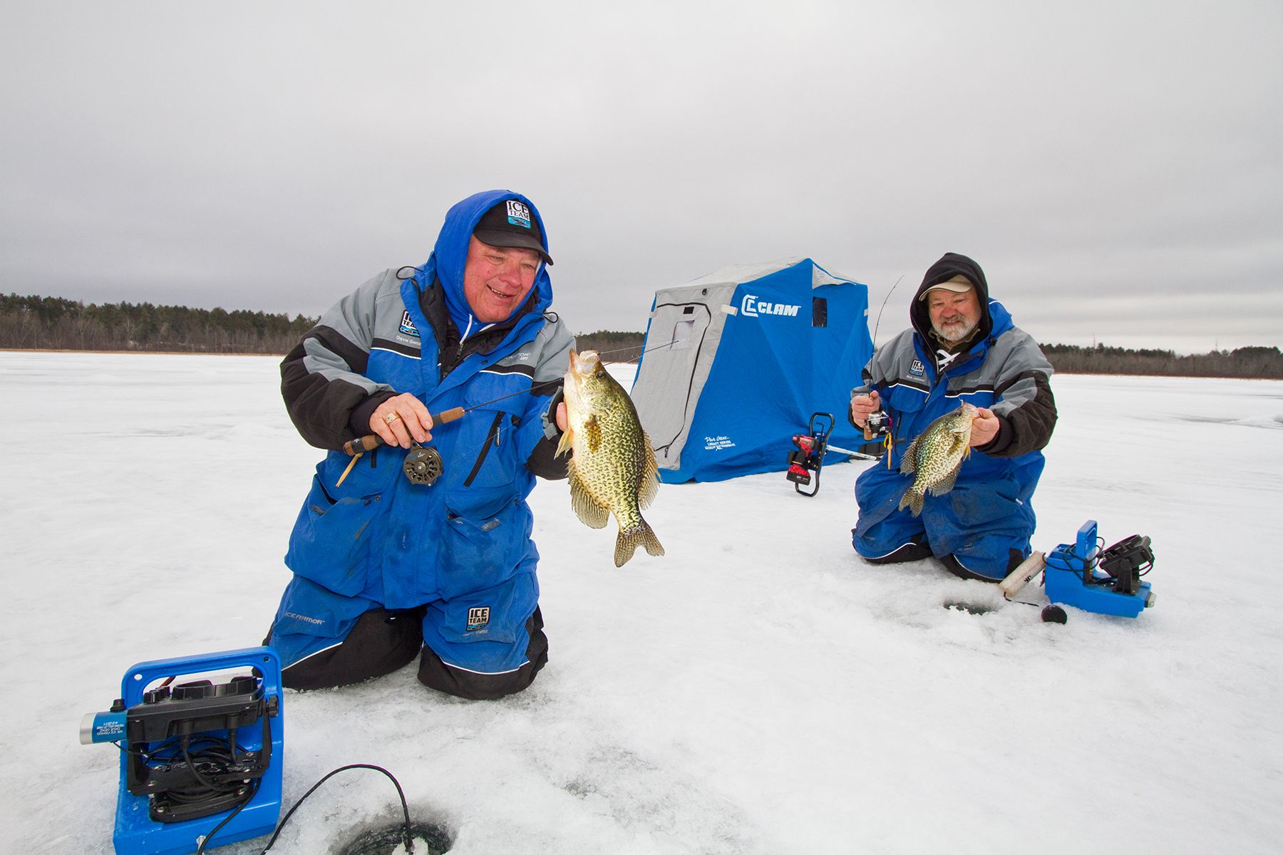Ice fishing scene illustrating cold-weather conditions where Fortress Clothing safety net technology applies