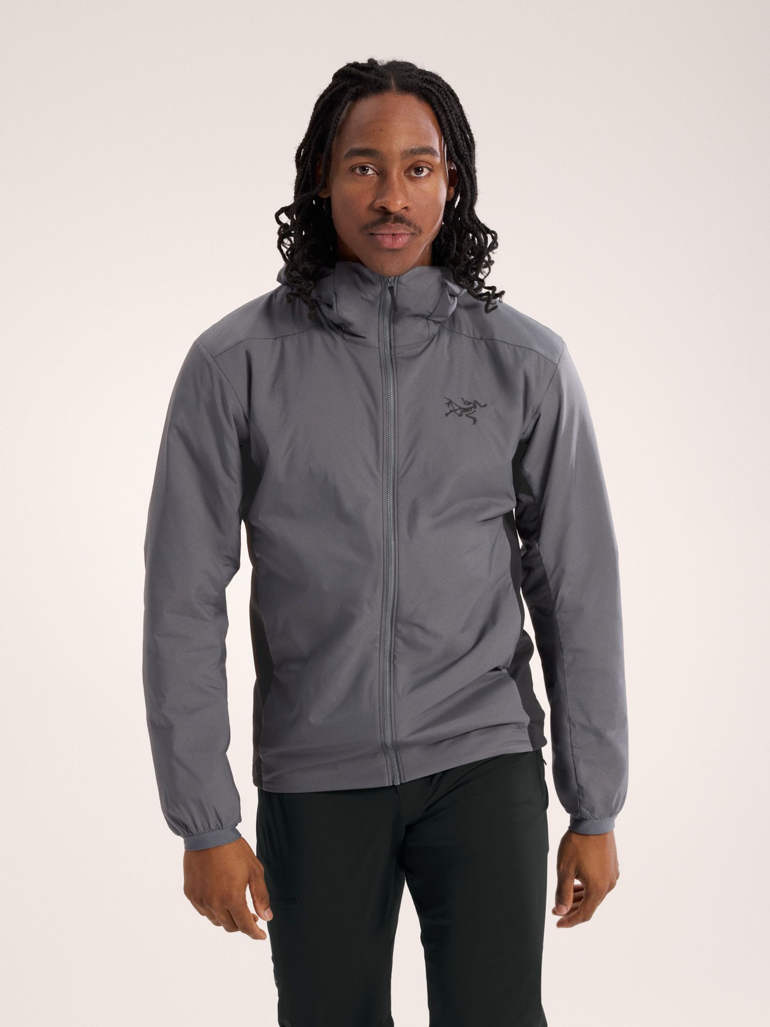 Arc'teryx Atom Hoody insulated mid-layer jacket in cloud and black color shown as alternative to Fortress