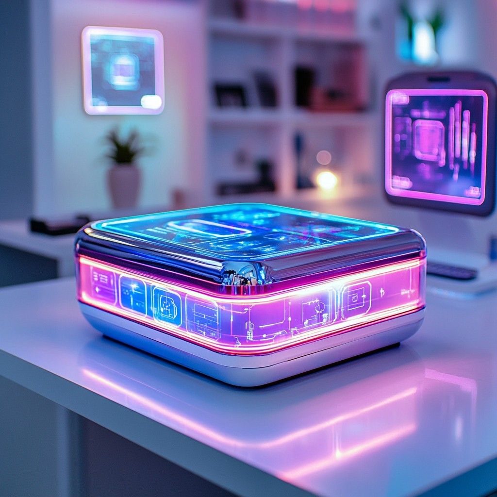 Futuristic holographic display projecting glowing 3D visualization in dark ambient room