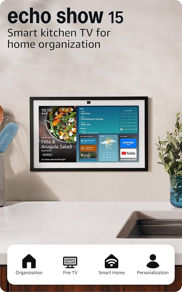 Amazon Echo Show 15 smart display mounted on wall showing widgets and Alexa interface