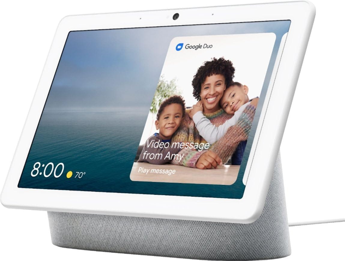 Google Nest Hub Max 10-inch smart display in chalk color with Google Assistant interface