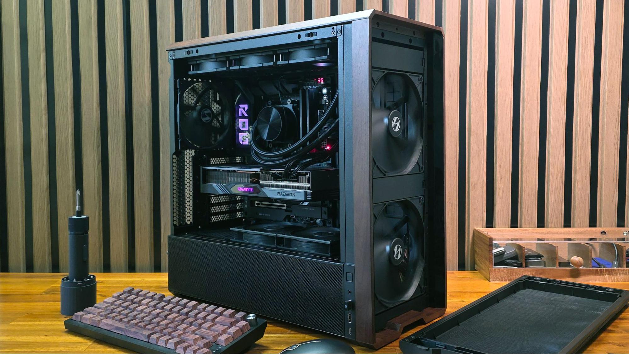 DIY PC build process with motherboard CPU and components laid out on workbench for assembly