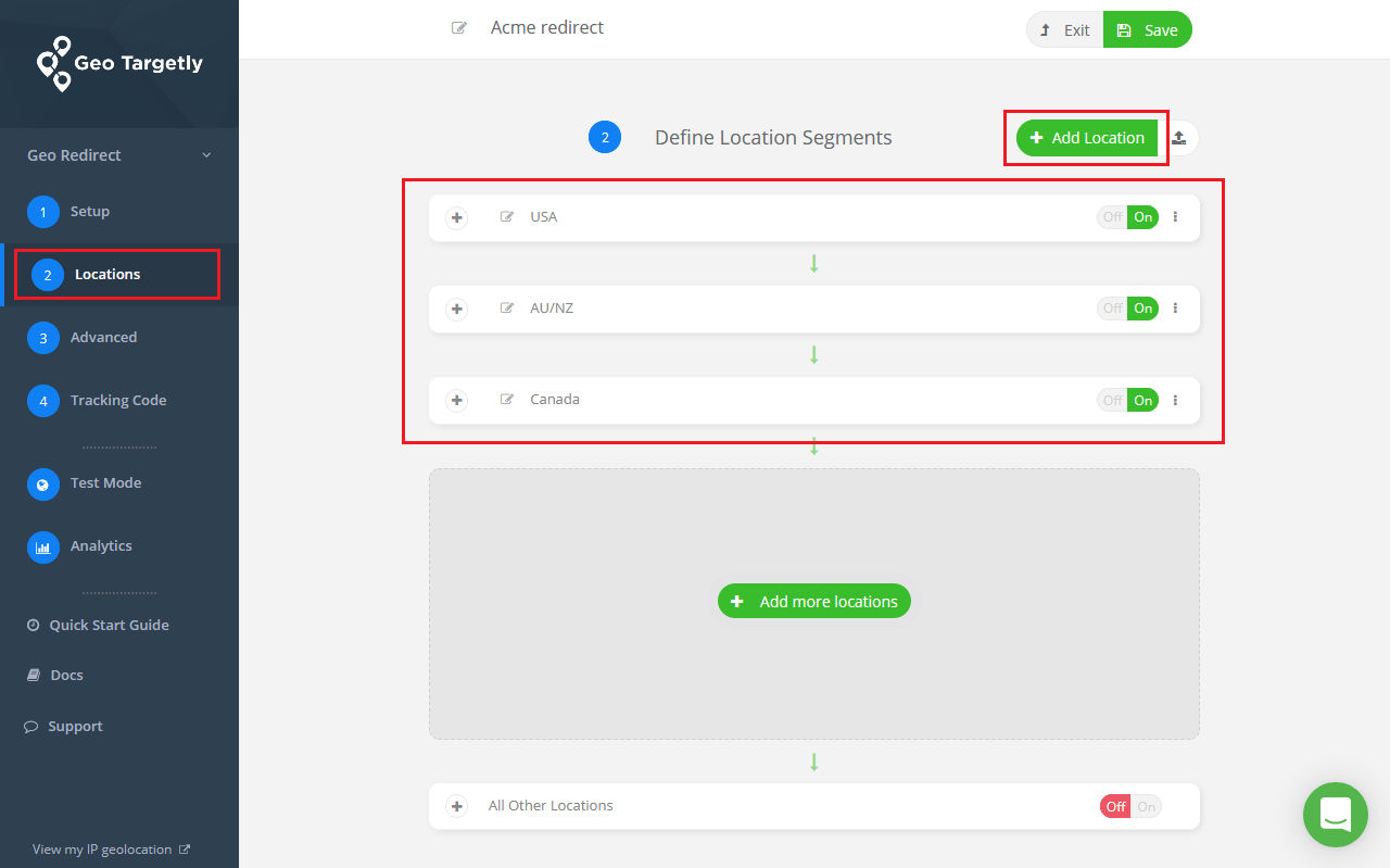 Geo Redirect dashboard interface showing rule configuration for country-based traffic targeting