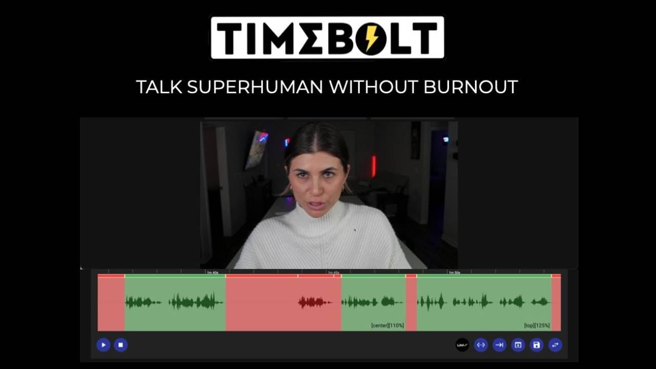 Timebolt desktop interface automatically removing silence and filler words from raw video footage
