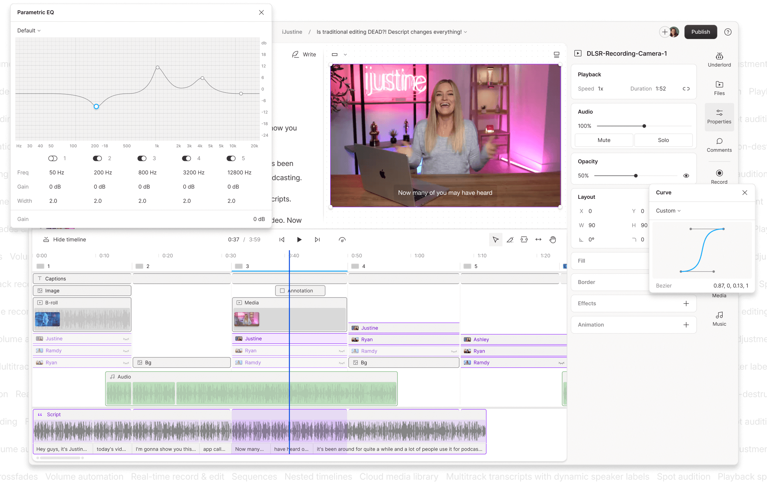 Descript text-based video editor interface showing transcription and timeline editing workflow
