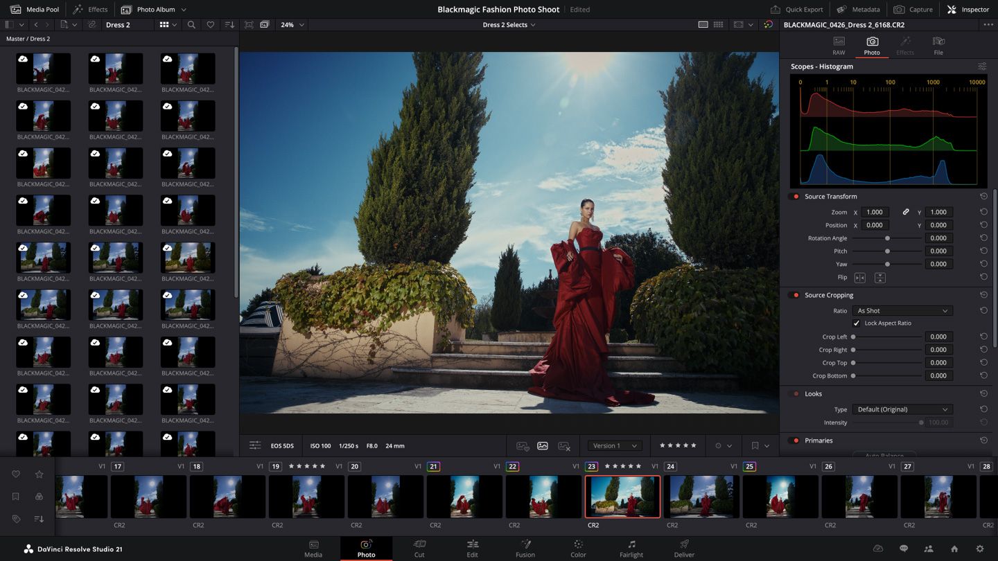 DaVinci Resolve video editing software showing color grading panel and cinematic timeline workspace