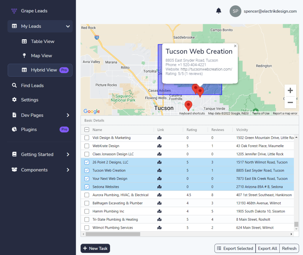 Grape Leads 2.0 B2B lead generation platform preview showing the contact database interface