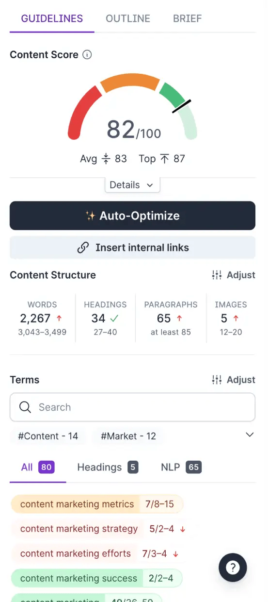 SurferSEO Content Editor interface with real-time SEO score and keyword optimization recommendations