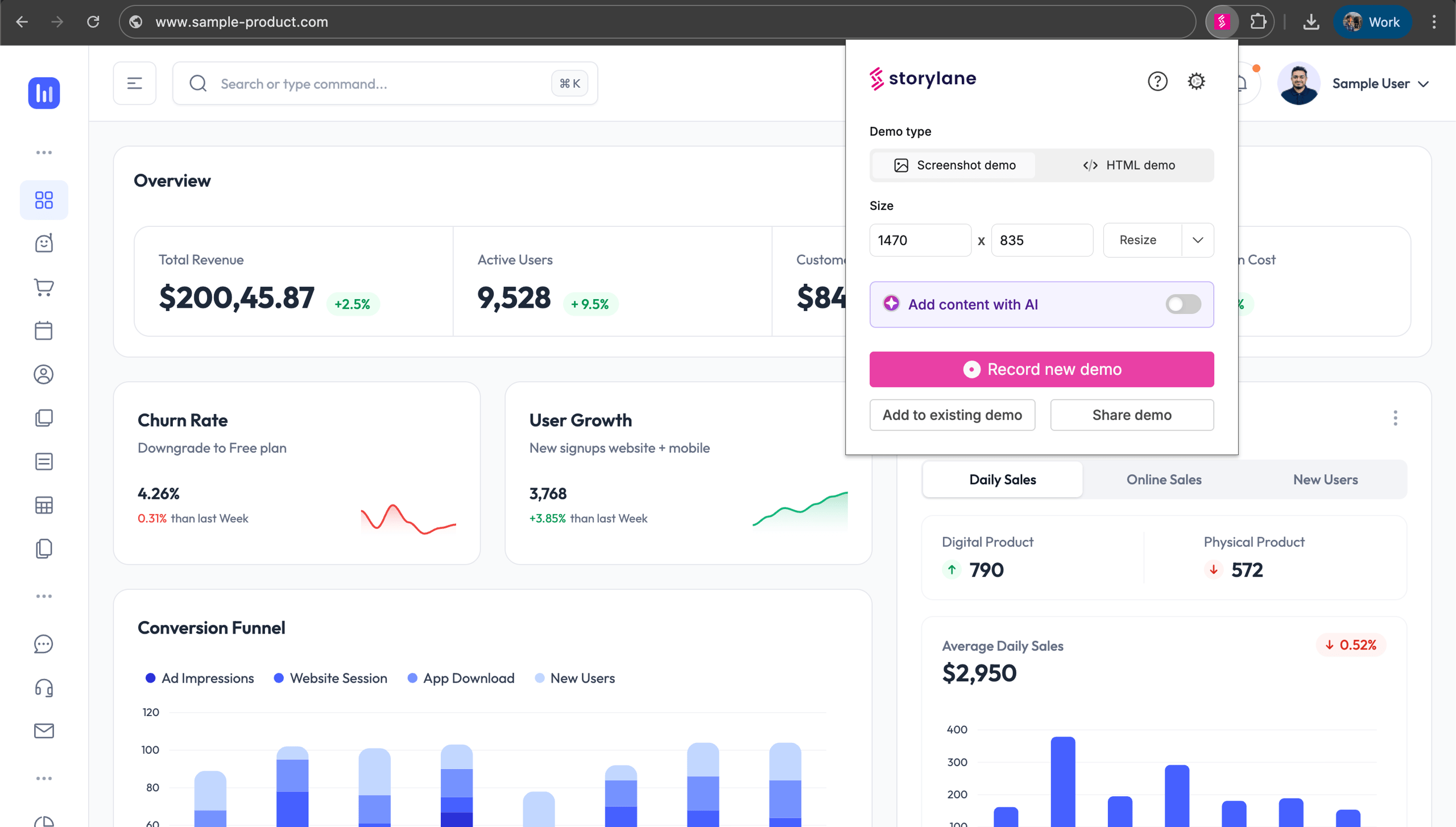 Storylane interactive demo dashboard showing analytics heatmaps and personalization features for marketers