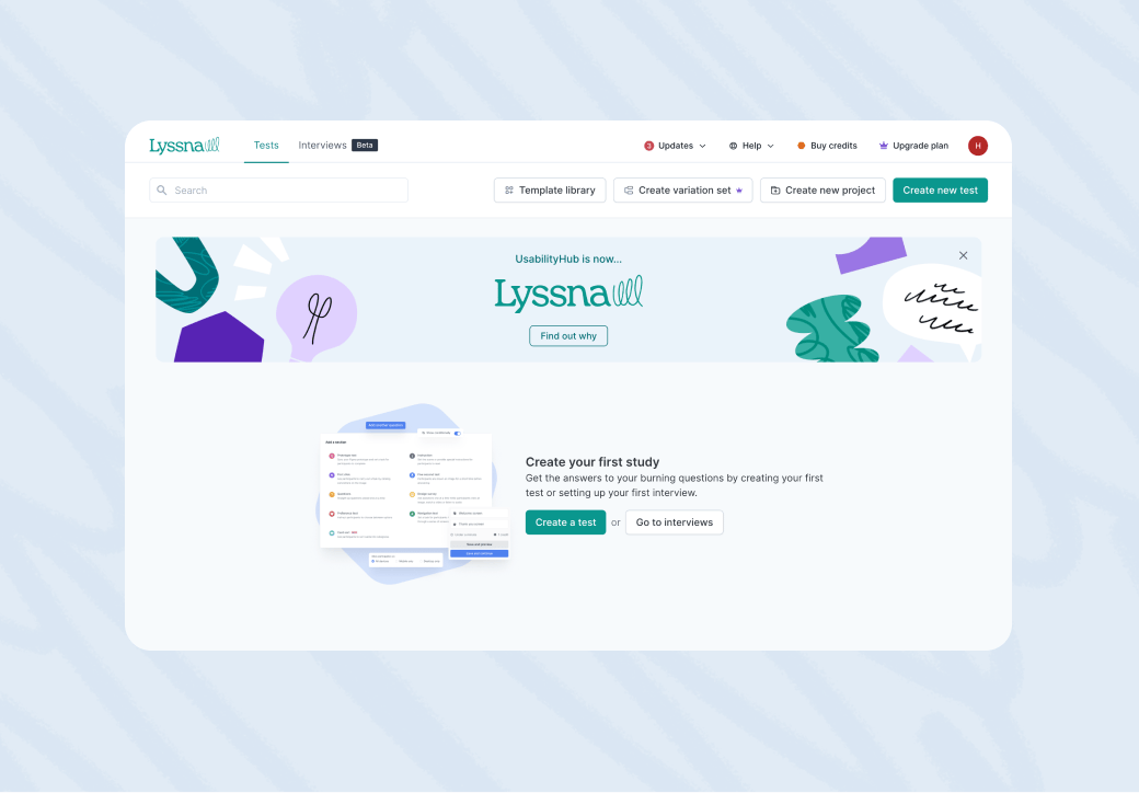 Lyssna rebrand from UsabilityHub showing the new design testing platform interface