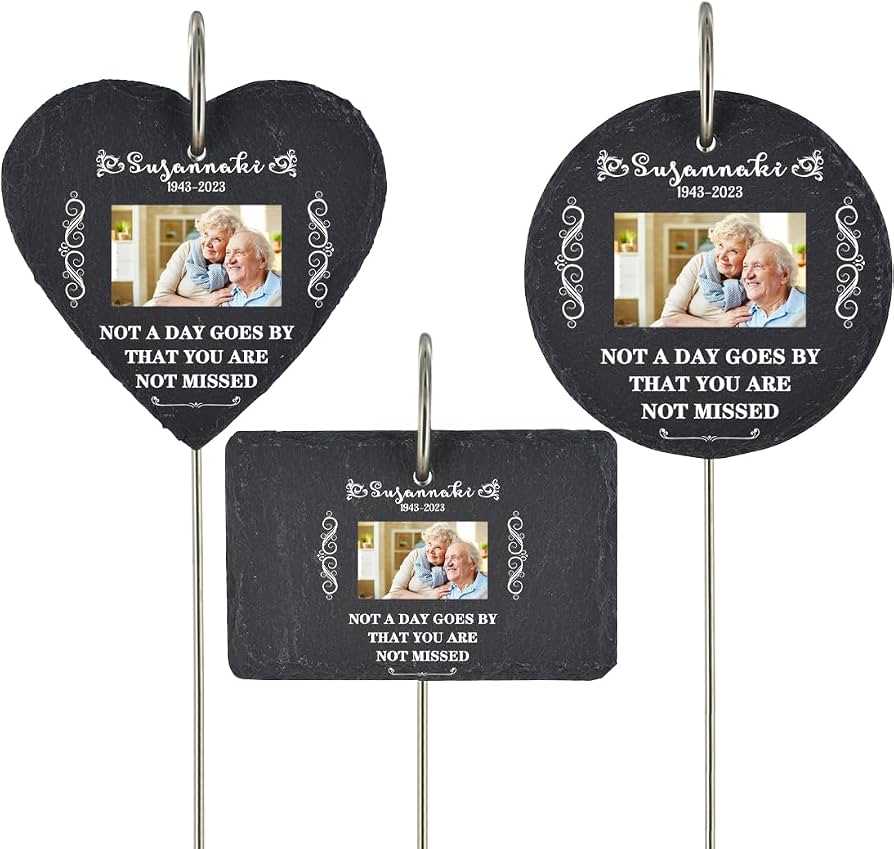 Personalized photo memorial slate plaque with hook displayed as in loving memory grave marker tribute