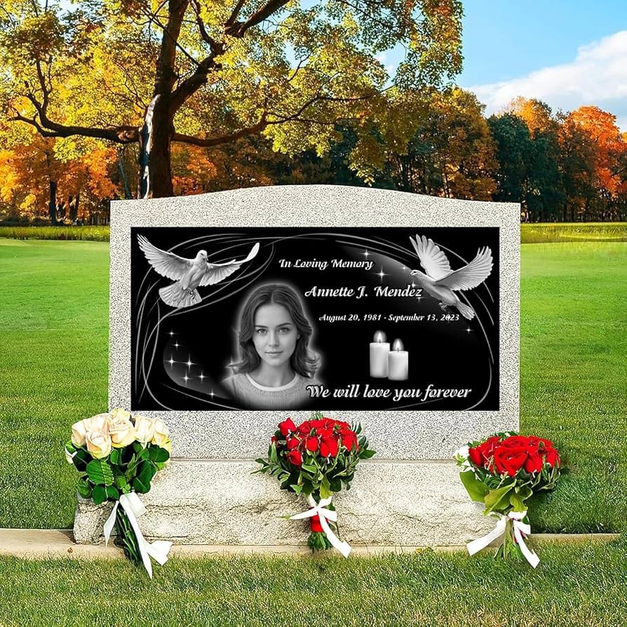 Granite engraved headstone outdoor memorial plaque personalized with photo and text for graves