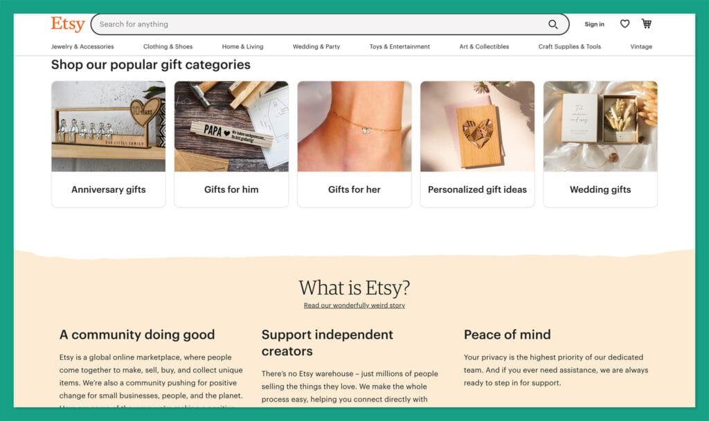 Etsy marketplace homepage showing handmade and vintage seller listings comparison