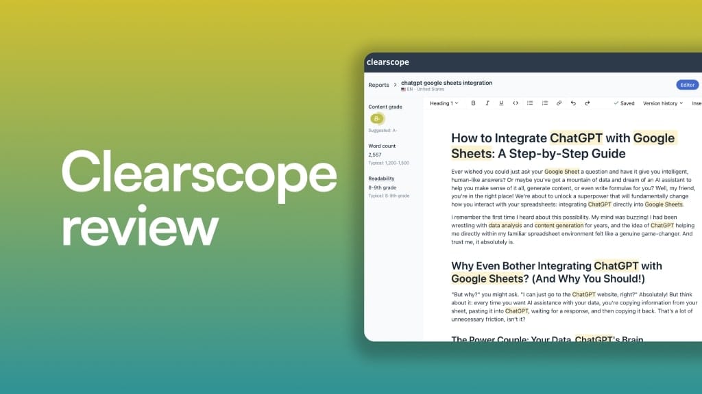 Clearscope content brief tool showing minimalist term suggestions and Google Docs writer workflow integration