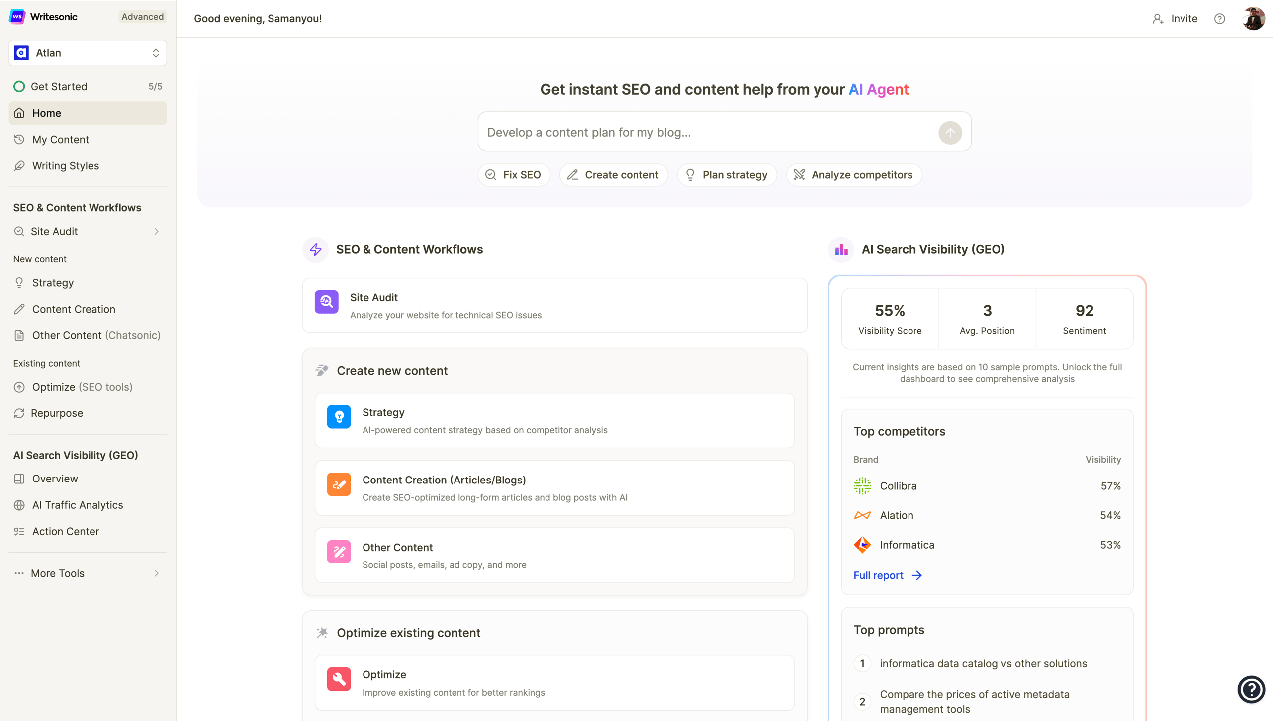 Writesonic AI content generator interface showing template library and article writer feature