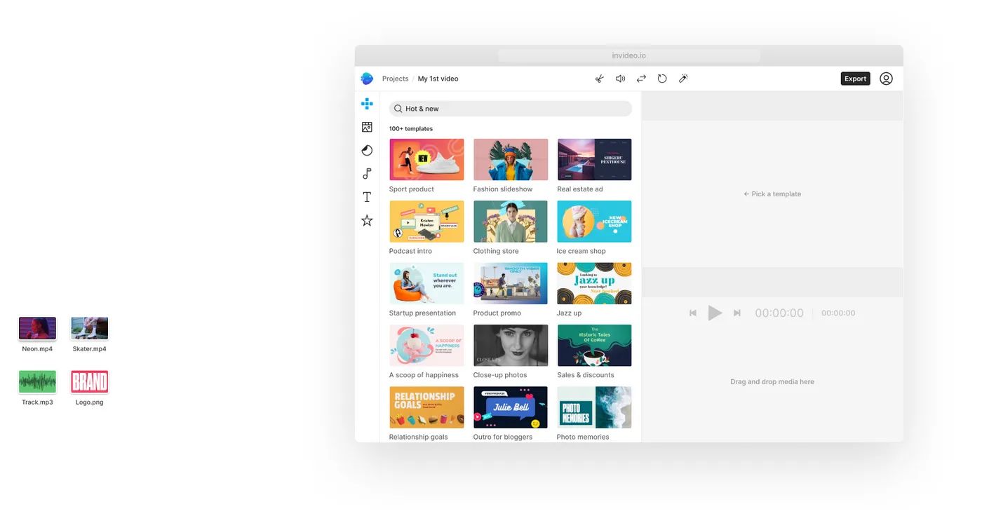 Invideo Studio template-based editor interface showing video creator dashboard with timeline