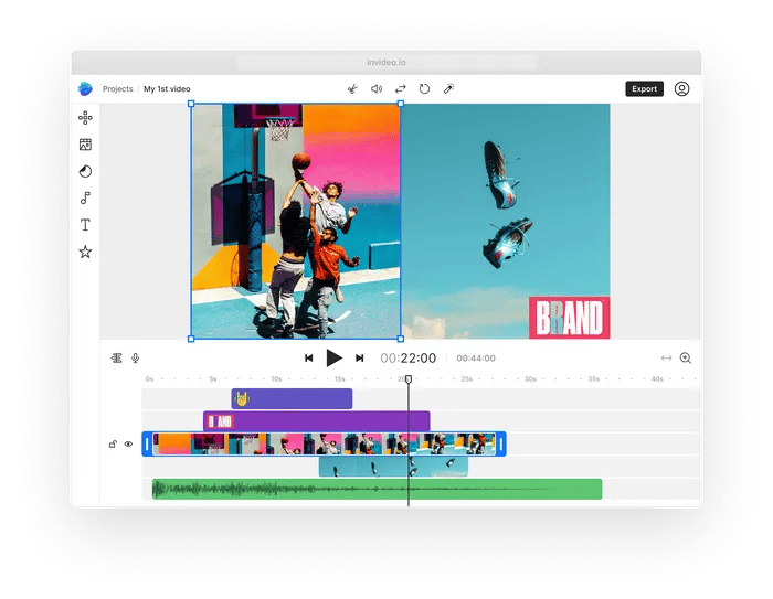 Invideo AI online video editor showing template library and timeline workspace for social media content