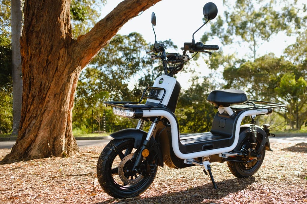 Benzina Zero iRev retro-styled electric moped parked on Australian urban street showcasing vintage design
