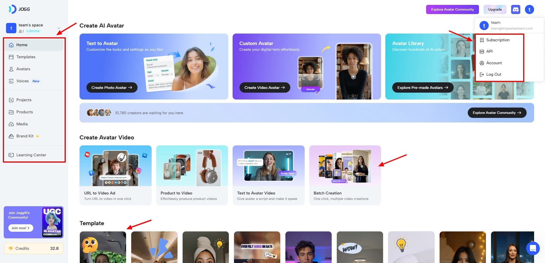Jogg AI async video messaging platform dashboard interface for team collaboration