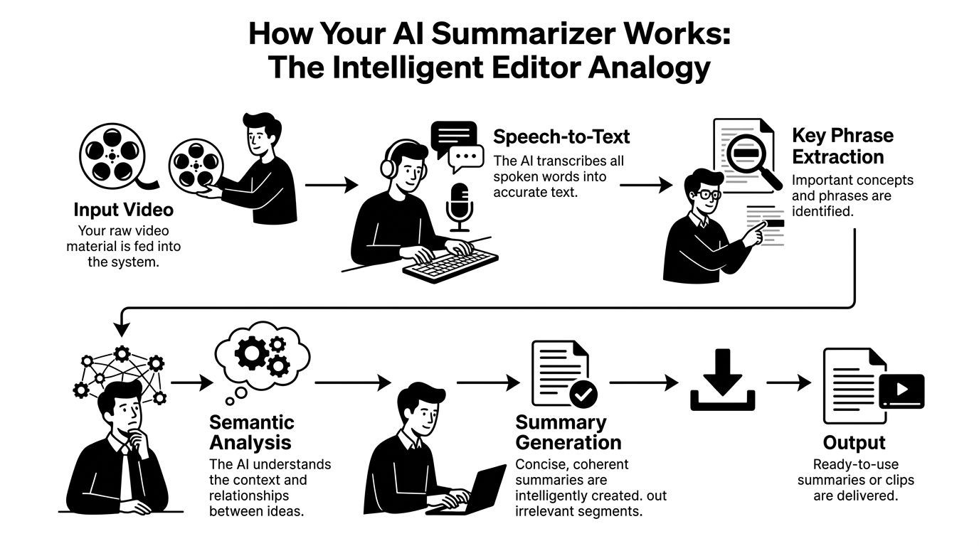 AI video summarizer transforming long footage into concise actionable summaries for teams