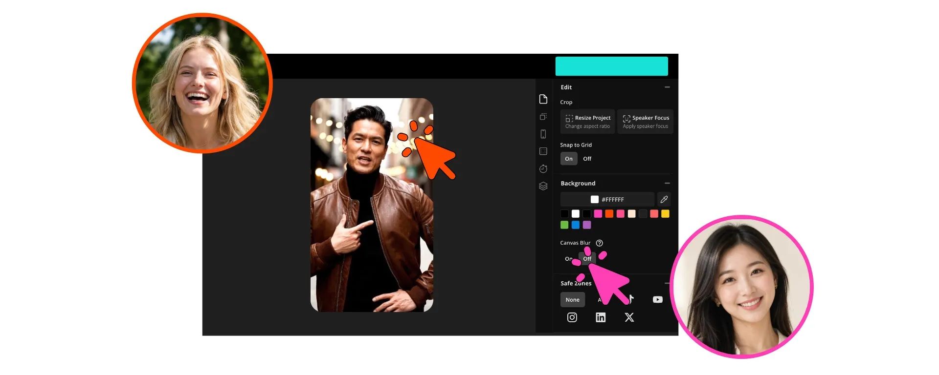 Kapwing real-time collaborative video editing workspace with multiple users editing simultaneously