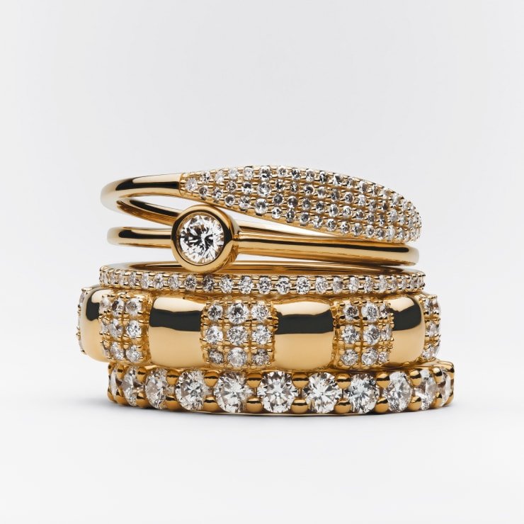 Mejuri diamond rings collection in yellow rose and white gold for everyday stacking enthusiasts