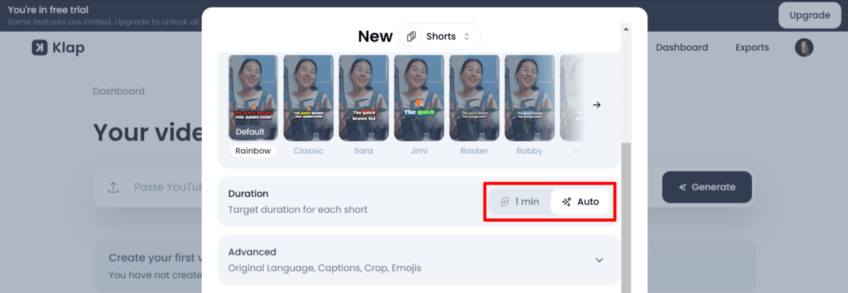 Klap AI video tool dashboard interface showing pricing plans and upload features for creators