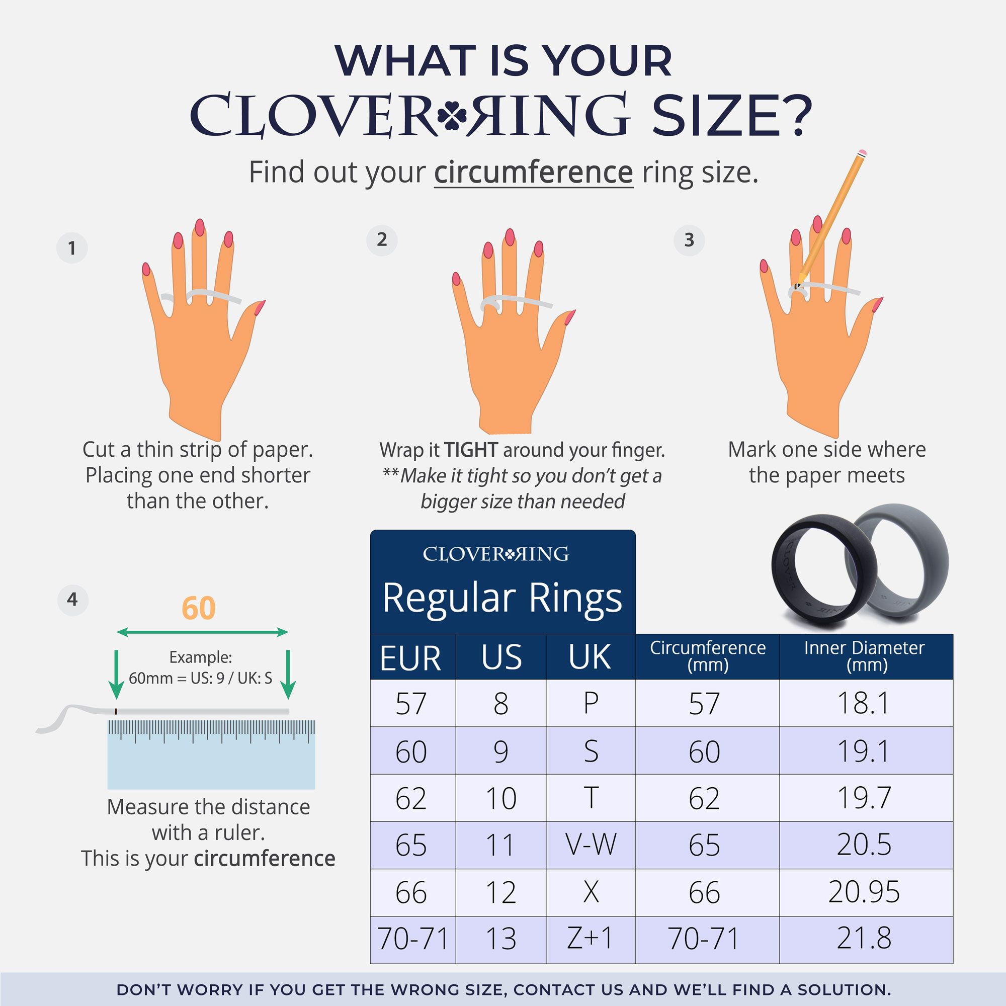 Silicone wedding ring sizing chart showing how to measure finger circumference accurately