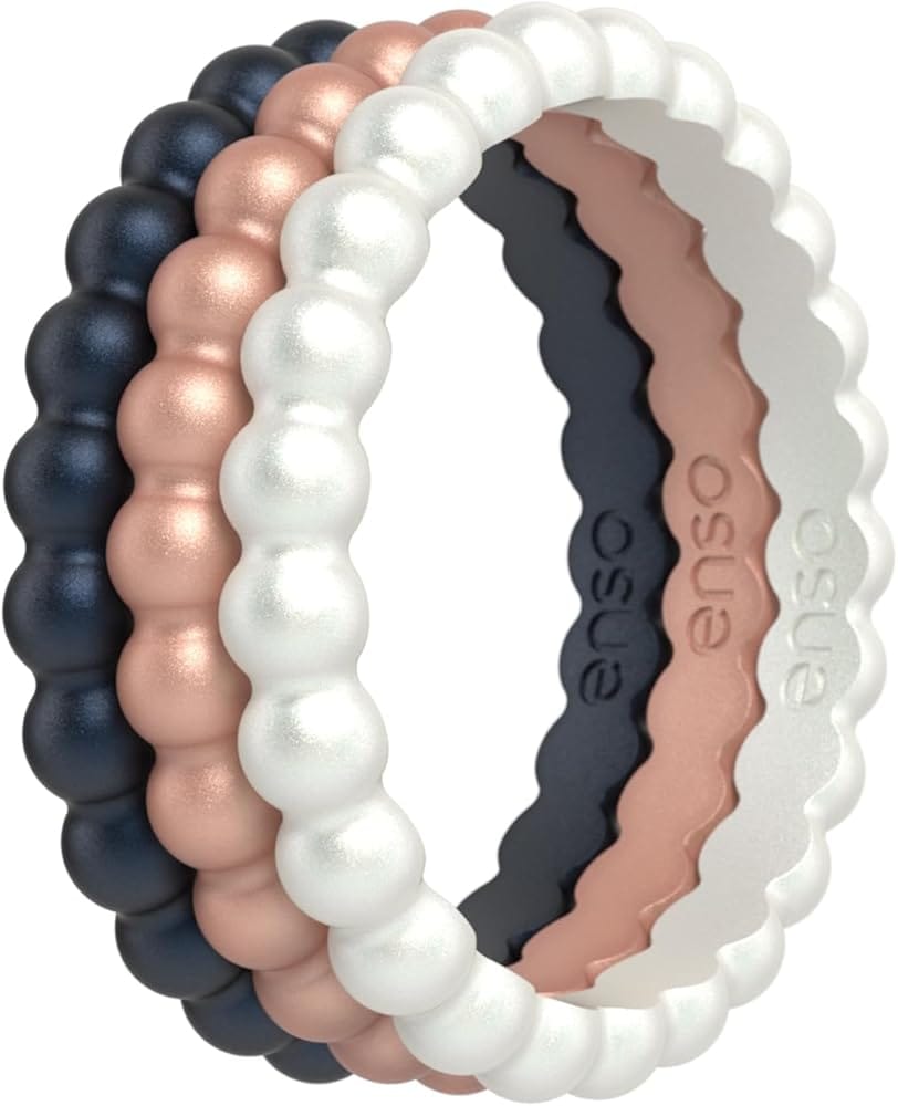 Enso Rings stackable beaded silicone wedding bands in multiple metallic colors and finishes