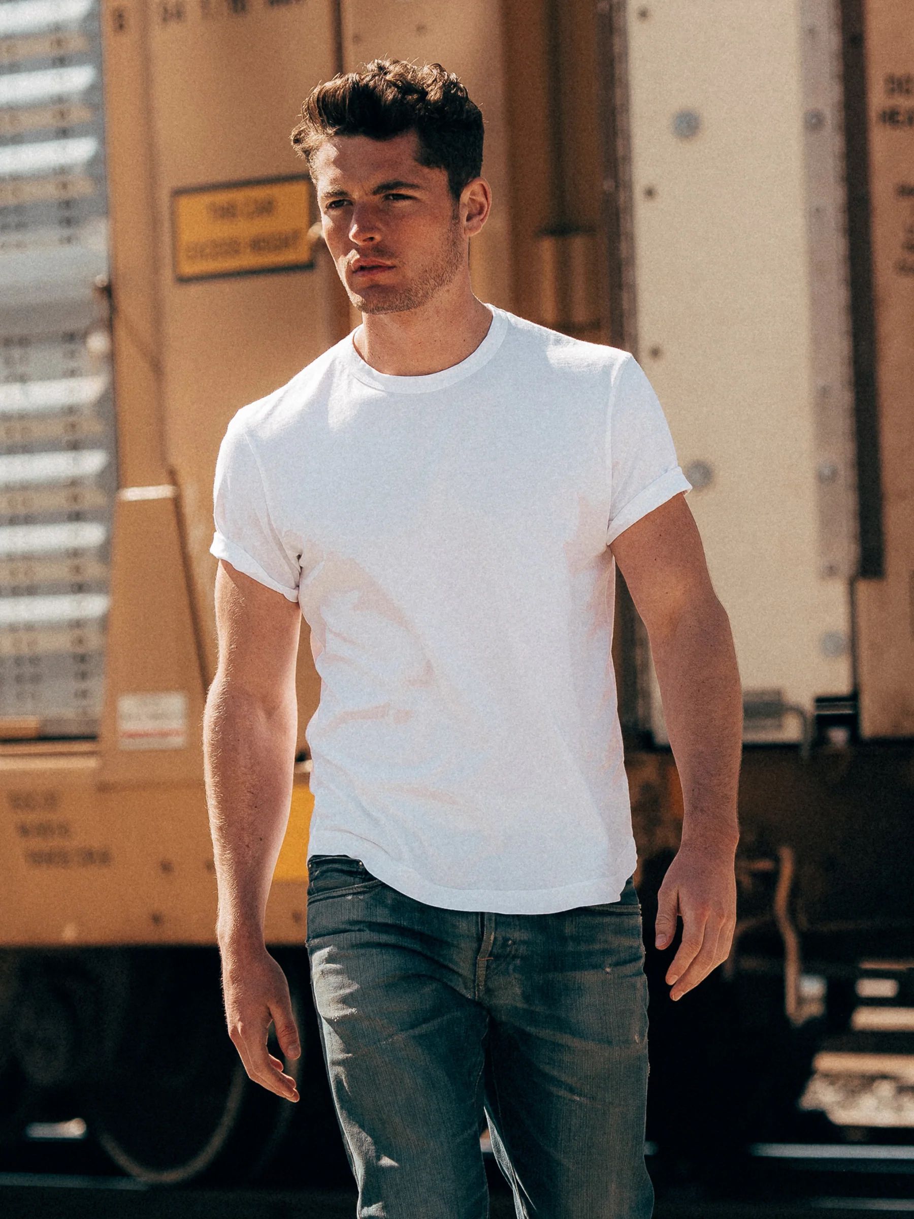 Buck Mason Pima Curved Hem Tee in soft cotton with classic tailored crew neck silhouette