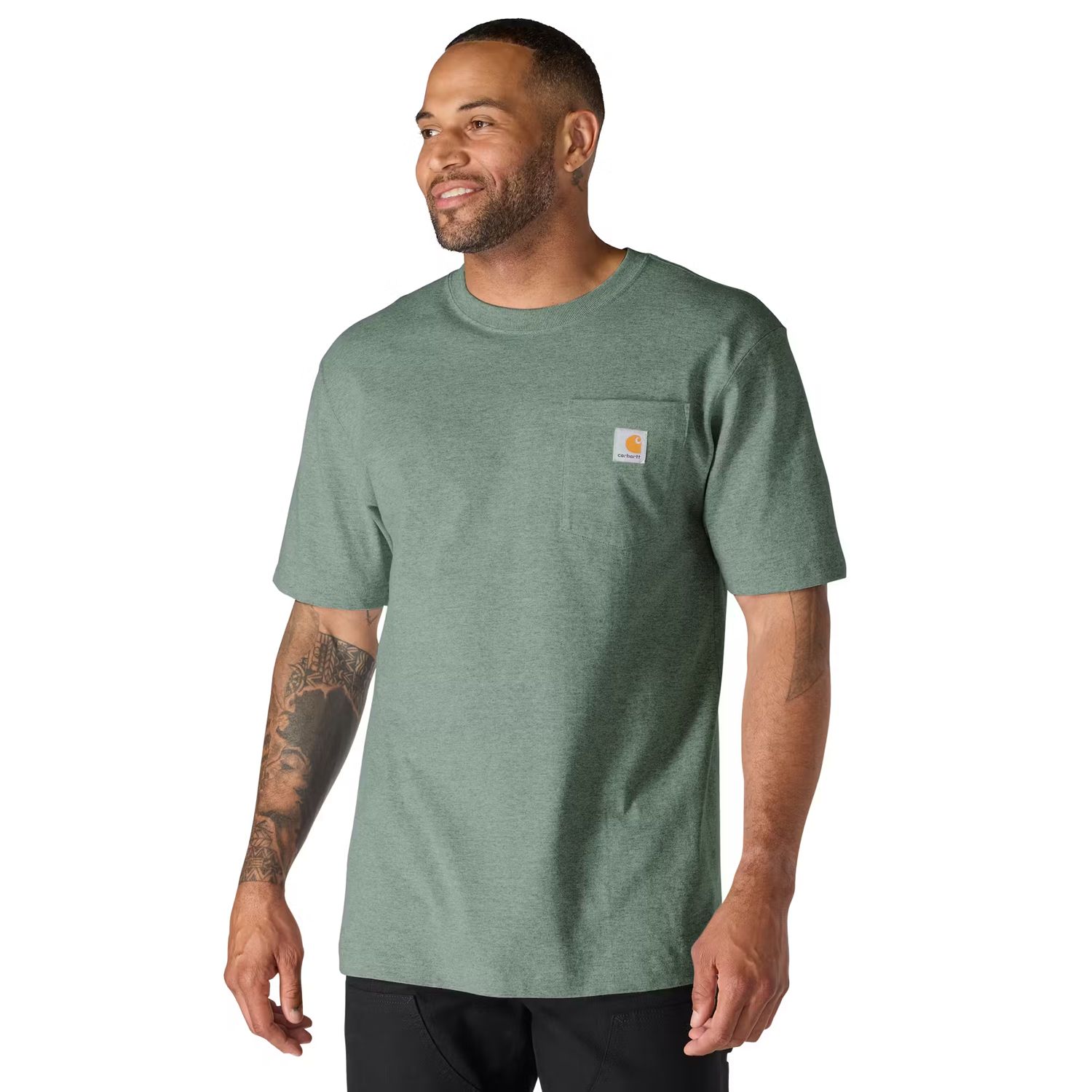 Carhartt K87 pocket t-shirt in green slate heather showing classic workwear durability and boxy fit