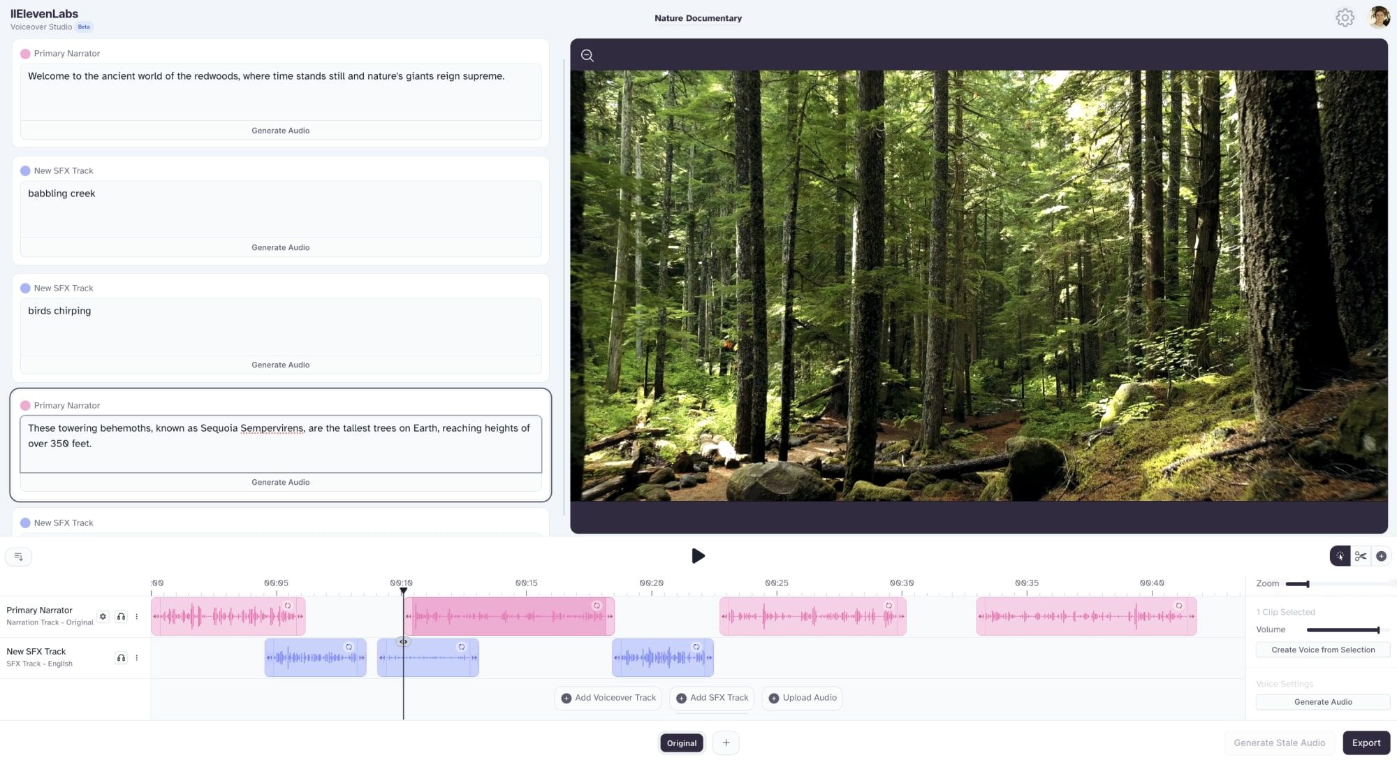 ElevenLabs AI voice generator interface displaying multilingual text-to-speech voiceover studio
