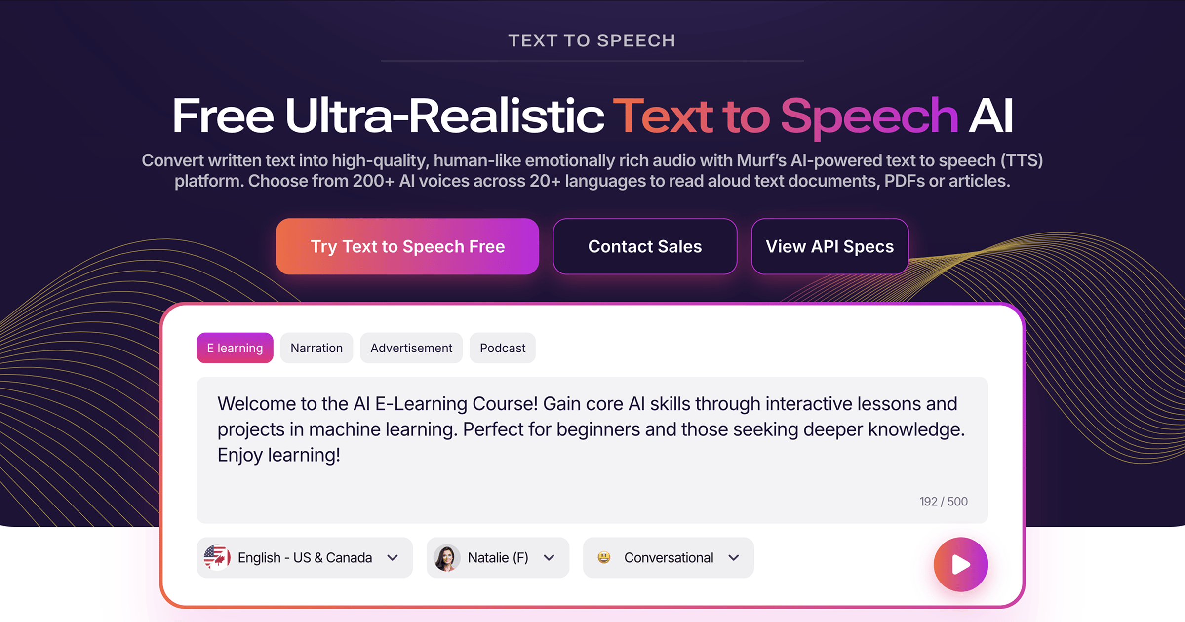 Murf AI text-to-speech studio dashboard with 200+ realistic AI voices for professional voiceovers