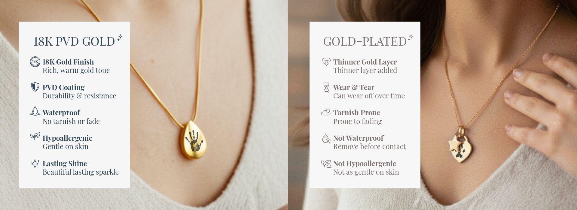 18k PVD gold vs vermeil vs gold-plated brass material comparison chart for jewelry