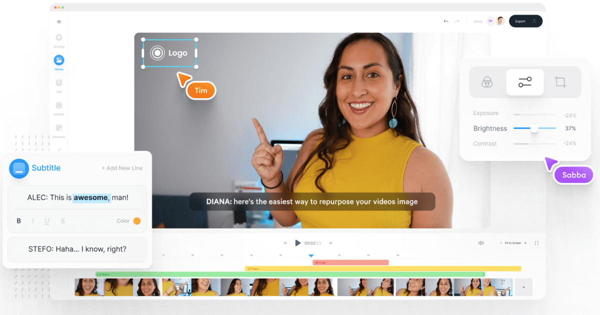 Veed.io browser-based video editor interface showing timeline collaboration and AI subtitle tools