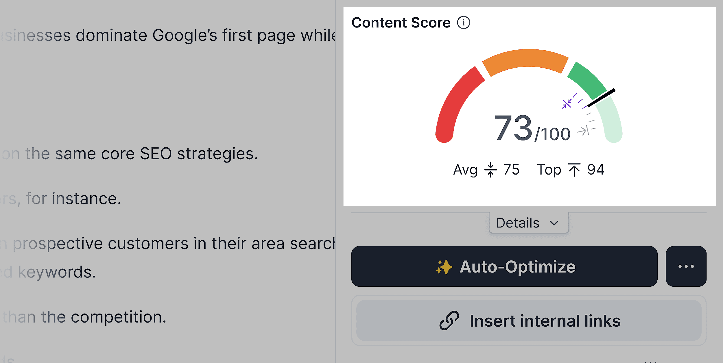 SurferSEO content optimization editor showing keyword scoring and on-page SEO recommendations